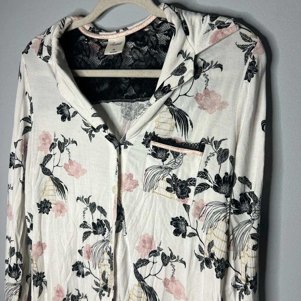 Soma Signature Lace Long Sleeve Notch Collar Pajama Top Majestic Birds Medium - Picture 5 of 8